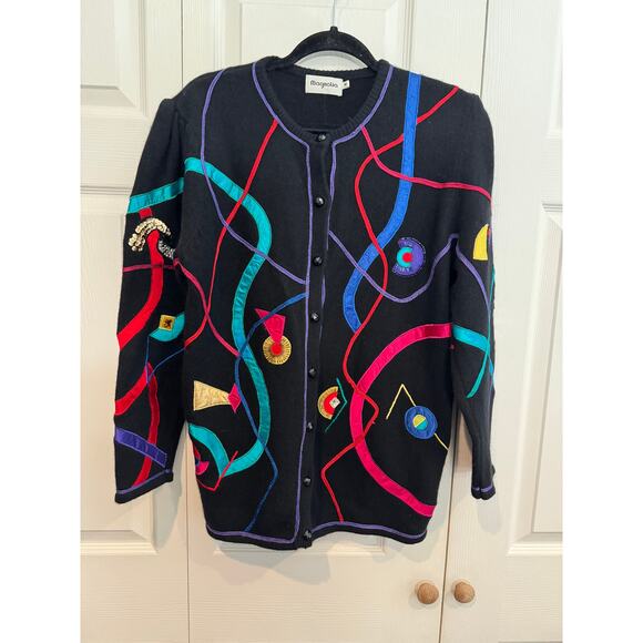 Vintage Magnolia Cardigan Sweater Black Colorful Abstract Art to Wear - Picture 2 of 8